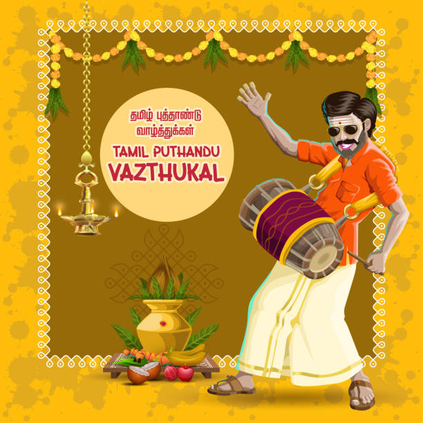 Tamil New Year Greetings with a traditional happy drum player Tamil New Year wishes with a happy musician playing drums tamil nadu stock illustrations
