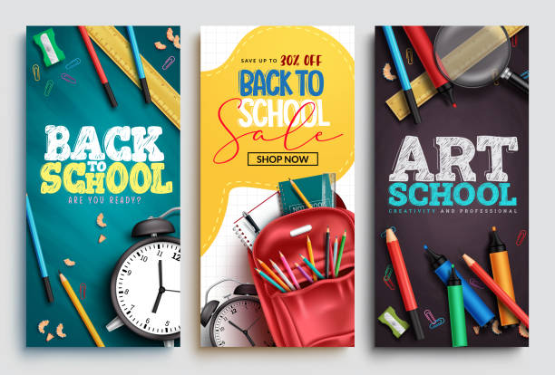 Back to school vector poster set. Back to school text in art board background with educational creativity supplies for education sale promotion ads collection. Back to school vector poster set. Back to school text in art board background with educational creativity supplies for education sale promotion ads collection. Vector illustration. back to school stock illustrations