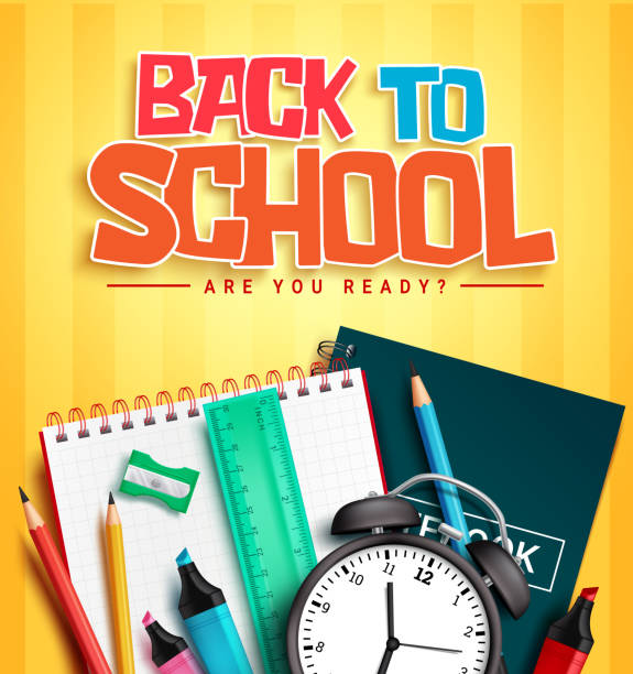 Back to school vector design. Back to school text with educational items of notebook and alarm clock in pattern background for learning supplies decoration. Back to school vector design. Back to school text with educational items of notebook and alarm clock in pattern background for learning supplies decoration. Vector illustration. school supplies stock illustrations