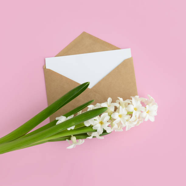 istock White spring flower, letter, kraft envelope, blank greeting card on pink background, top view, mock up 1386809577