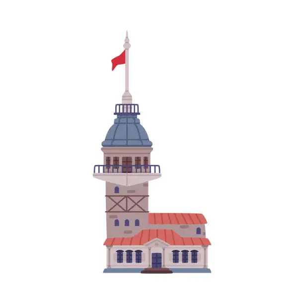 Vector illustration of Maiden Tower with Flag as Turkey Building Vector Illustration