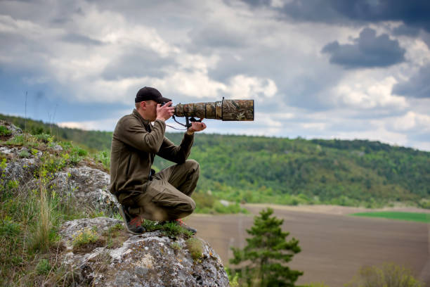 wildlife photographer in summer time - large aperture imagens e fotografias de stock