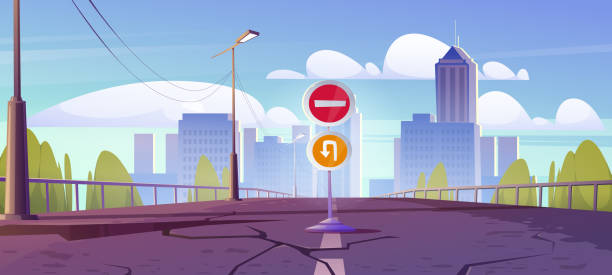 Broken road to city with cracks in asphalt Old broken road to city with cracks in asphalt and stop sign. Vector cartoon illustration of destroyed car overpass after earthquake, turn back and not enter roadsigns and cityscape with buildings damaged fence stock illustrations