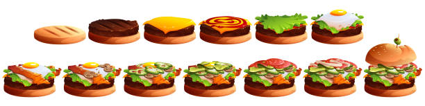 illustrazioni stock, clip art, cartoni animati e icone di tendenza di fasi di cottura dell'hamburger. strati di hamburger - white food and drink industry hamburger cheeseburger