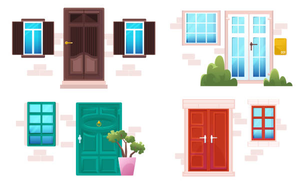 ilustrações de stock, clip art, desenhos animados e ícones de cartoon doors and windows, house facades design - door symmetry wood hotel