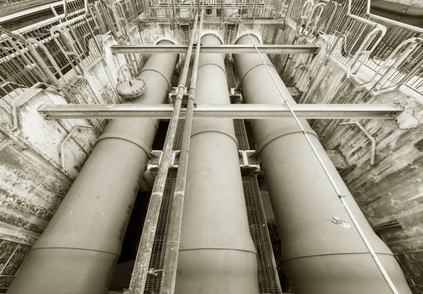 Closeup view of water pipe system in factory