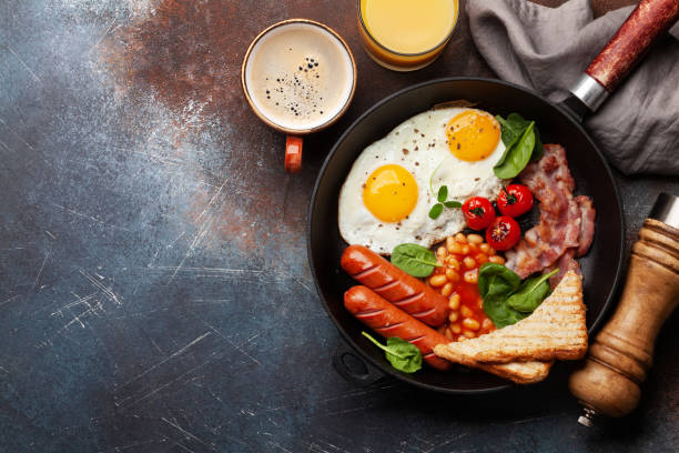 istock English breakfast with fried eggs, beans, bacon and sausages 1386813671