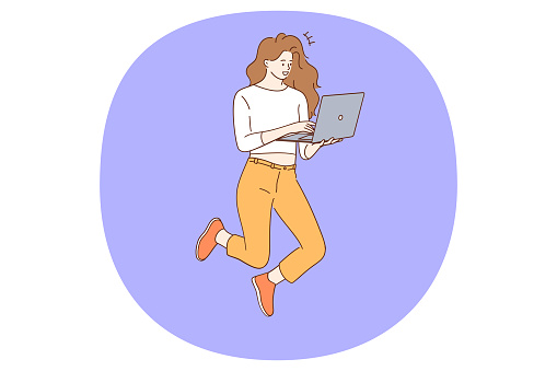 Freelance work and remote work concept. Smiling young woman jumping holding laptop in hands working as freelancer having remote job vector illustration