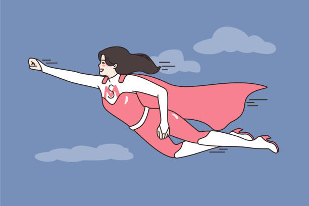 счастливая мама в костюме супергероя летит в небе - топливо и поколение власти stock illustrations
