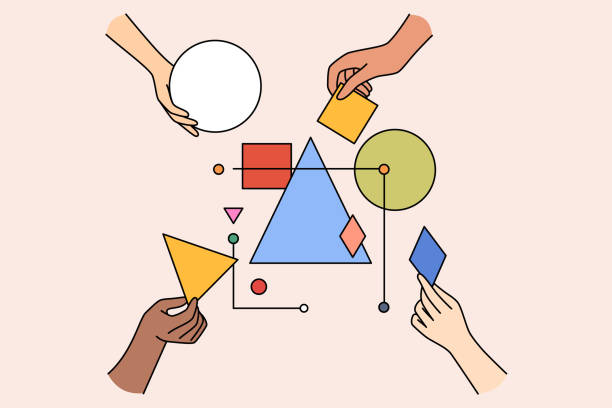 разнообразная команда людей соединяет геометрические фигуры - collaboration stock illustrations