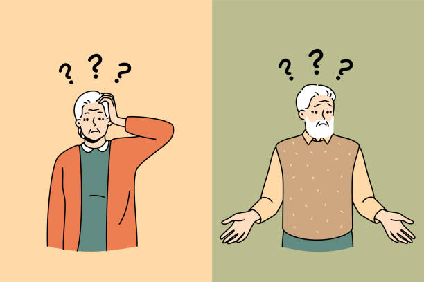 illustrazioni stock, clip art, cartoni animati e icone di tendenza di gli anziani confusi lottano con la demenza o l'alzheimer - confusion silhouette people women