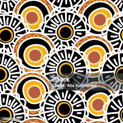 istock Seamless pattern with geometric aboriginal ornament. Ethnic tribal rounded color background. Afican, australian motiph. Dots painting. Vector illustration, template design for cloth, card, fabric 1386817522