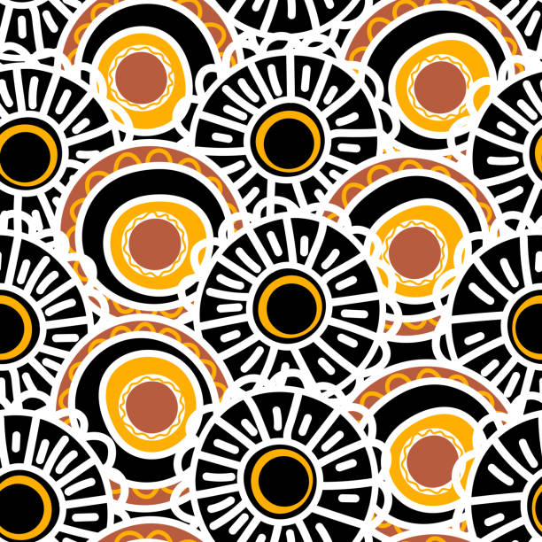 Seamless pattern with geometric aboriginal ornament. Ethnic tribal rounded color background. Afican, australian motiph. Dots painting. Vector illustration, template design for cloth, card, fabric Seamless pattern with geometric aboriginal ornament. Ethnic tribal rounded color background. Afican, australian motiph. Dots painting. Vector illustration, template design for cloth, card, fabric. australia stock illustrations
