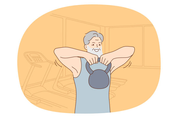 Elderly people active lifestyle concept Elderly people active lifestyle concept. Smiling cheerful mature aged man standing in gym during sports workout and holding dumbbell vector illustration cartoon of the older people exercising gym stock illustrations