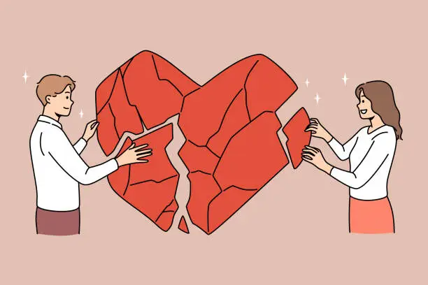 Vector illustration of Couple connect huge heart pieces together