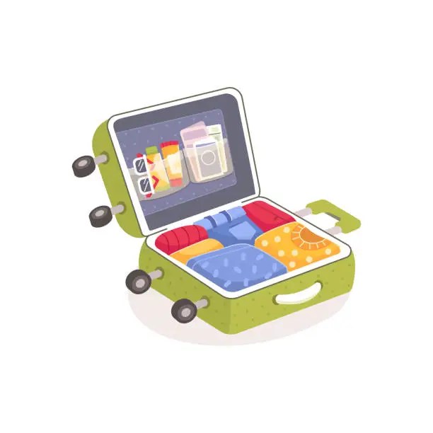 Vector illustration of Suitcase with wheels is open. Collecting luggage for a trip. Cartoon illustration on white background