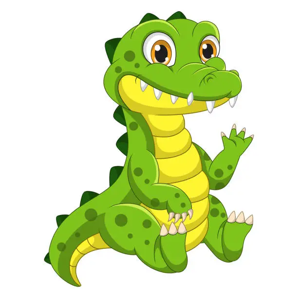 Vector illustration of Cute baby crocodile cartoon sit and waving hand