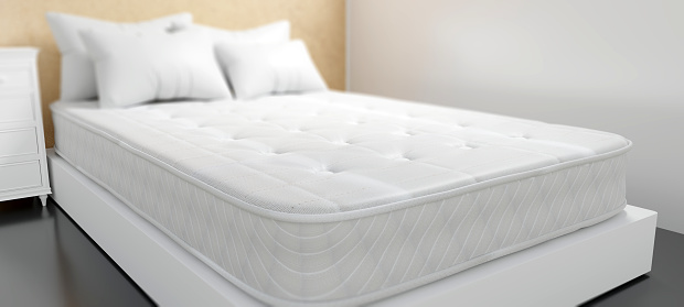 Cama y colchón individual color blanco en un dormitorio, concepto de sueño confort. Renderizado 3D photo
