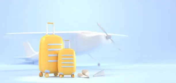 Photo of Travel banner with yellow suitcases, paper planes and single engine propelled airplane on blue background. Small turboprop private jet with luggage bags for summer journey or vacation trip, 3d render