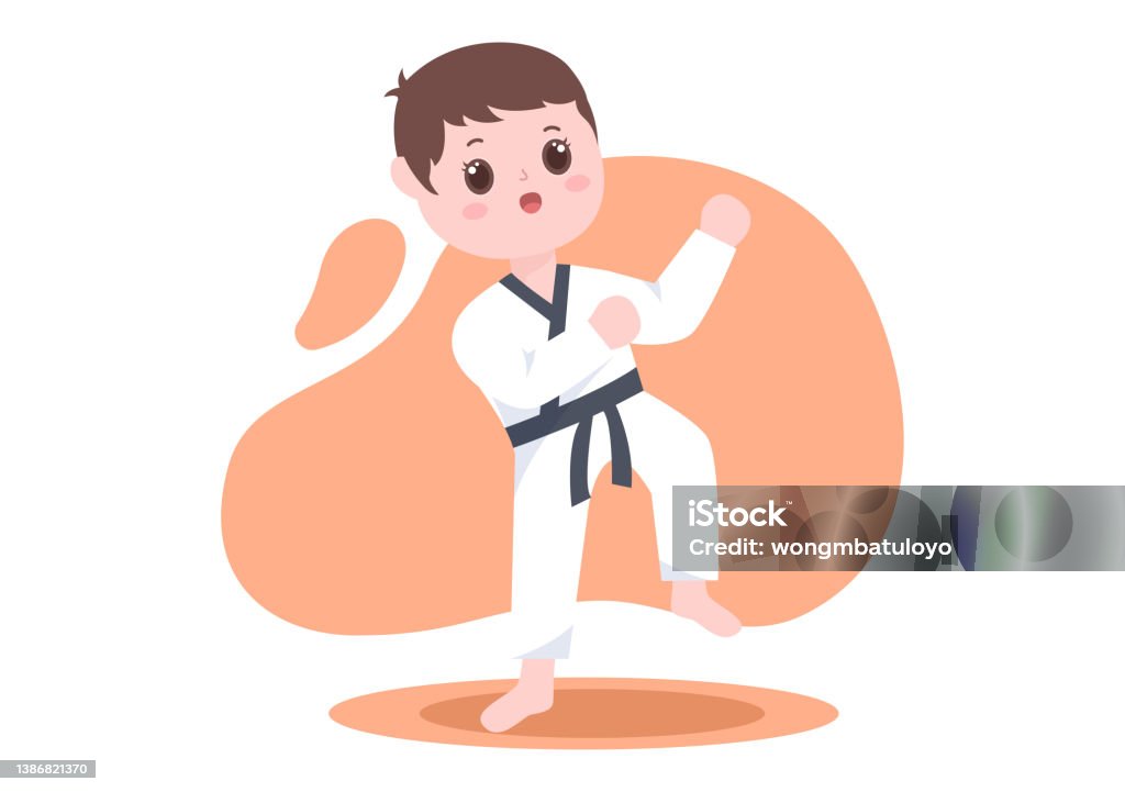 Cute Cartoon Kids Doing Some Basic Karate Martial Arts Moves Fighting Pose  And Wearing Kimono In Flat Style Background Vector Illustration Stock  Illustration - Download Image Now - iStock