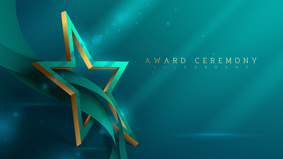 Award ceremony background and 3d gold star shape with green ribbon element and glitter light effect decoration and bokeh.
