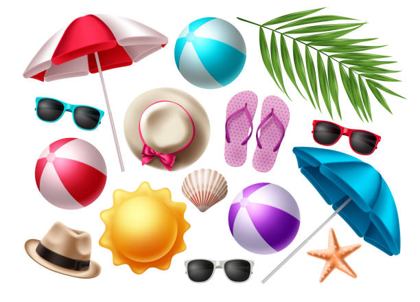 illustrations, cliparts, dessins animés et icônes de ensemble vectoriel d’éléments de plage d’été. collection d’objets colorés d’été pour des vacances en plein air - groupe dobjets