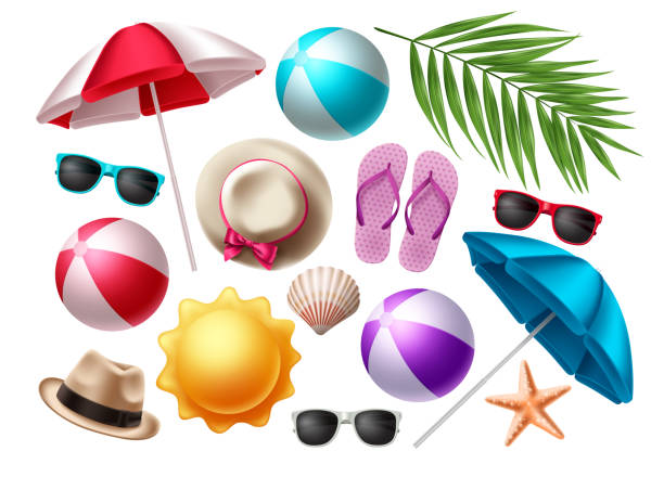 Summer beach elements vector set. Summer colorful objects collection for outdoor trip vacation Summer beach elements vector set. Summer colorful objects collection for outdoor trip vacation isolated in white background design. Vector illustration. beach ball stock illustrations