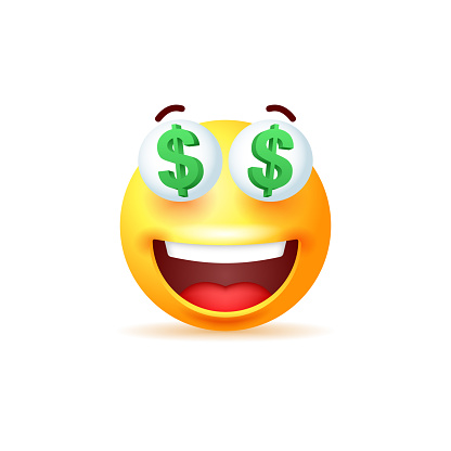 Smiling yellow emoji with dollars in the eyes isolated on white background. Vector 3d illustration.