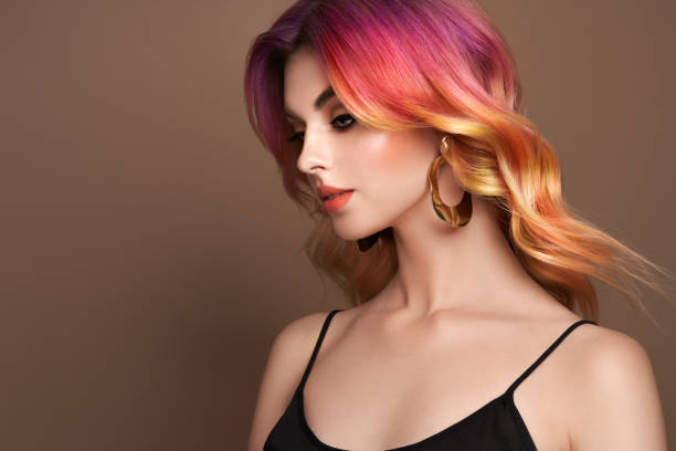 Beauty fashion model woman with colorful dyed hair stock photo