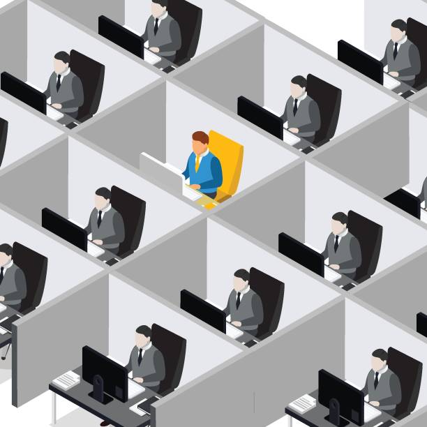 Office cubicles repetition or pattern isometric 3d Be different concept. Office cubicles repetition or pattern isometric 3d vector concept for banner, website, illustration, landing page, flyer, etc. corporate office cubicle stock illustrations