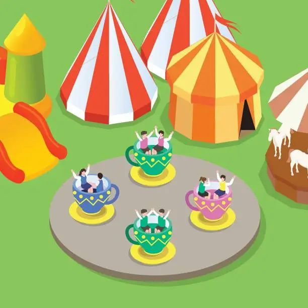 Vector illustration of Kids having fun at a theme park isometric 3d