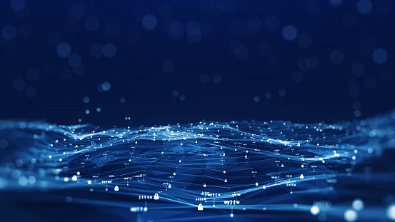 Cybersecurity and digital data protection technology concept. Connection of small binary padlock polygons with a dark blue background. protect the computer system of the internet social media online.