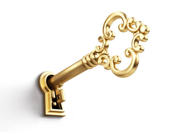 istock Golden key in keyhole isolated on white background - 3d rendering 1386825124