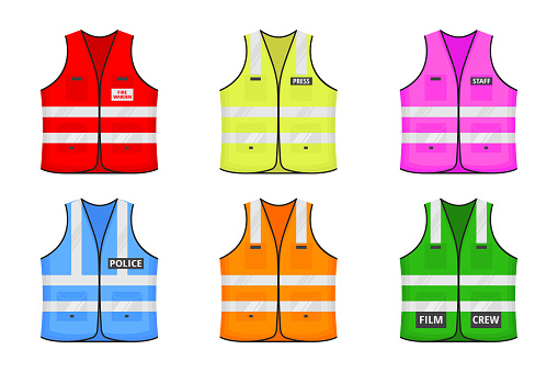 Safety reflective vest with label flat style design vector illustration set. Various color fluorescent security safety work jacket with reflective stripes. Front and back view uniform vest.