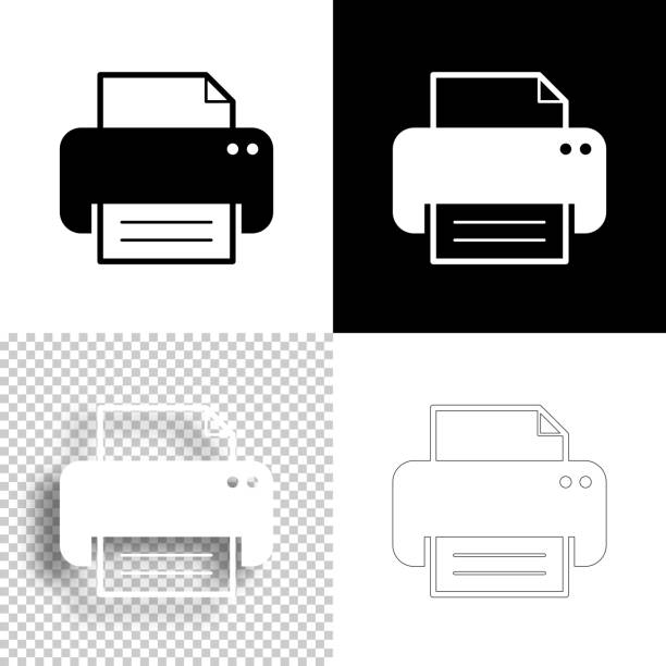 Printer. Icon for design. Blank, white and black backgrounds - Line icon Icon of "Printer" for your own design. Four icons with editable stroke included in the bundle: - One black icon on a white background. - One blank icon on a black background. - One white icon with shadow on a blank background (for easy change background or texture). - One line icon with only a thin black outline (in a line art style). The layers are named to facilitate your customization. Vector Illustration (EPS10, well layered and grouped). Easy to edit, manipulate, resize or colorize. Vector and Jpeg file of different sizes. black background shape white paper stock illustrations