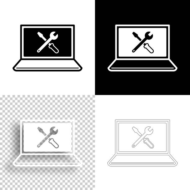 laptop-einstellungen - extras. icon für design. leere, weiße und schwarze hintergründe - liniensymbol - computer repairing work tool clipping path stock-grafiken, -clipart, -cartoons und -symbole