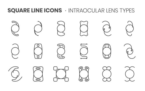 illustrazioni stock, clip art, cartoni animati e icone di tendenza di tipi di lenti intraoculari correlati, pixel perfect, tratto modificabile, set di icone vettoriali a linea quadrata scalabile. - cataratta