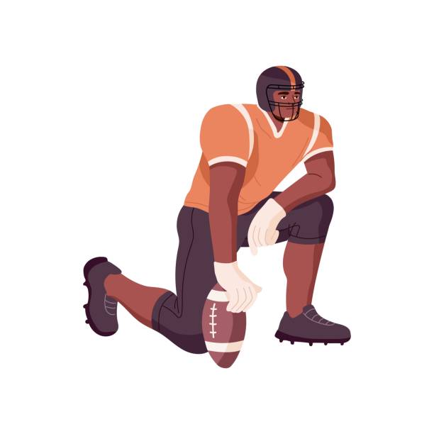 bildbanksillustrationer, clip art samt tecknat material och ikoner med rugby player getting ready to play american football, field game. african athlete with ball in hand. black man in helmet and sportswear. flat vector illustration isolated on white background - runner holding legs