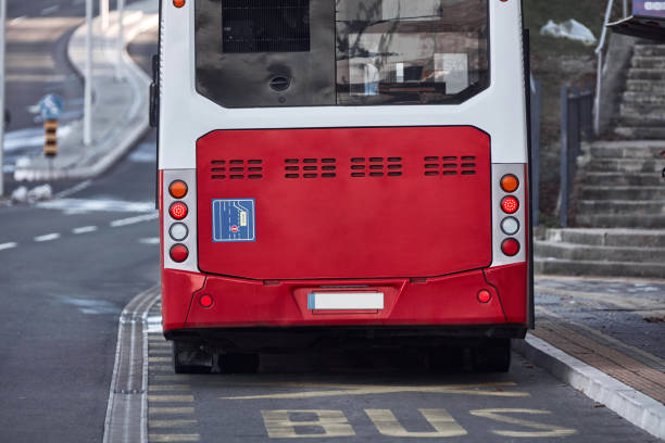 Public transportation bus in urban surroundings.