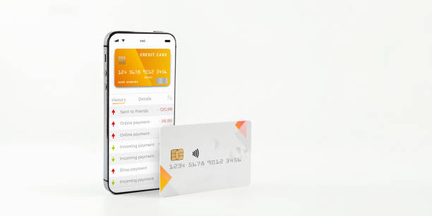 istock Mobile banking network. Smartphone with internet online bank application. Debit card on white background. Save currency money wallet. 1386831692