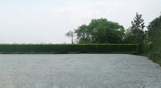 Parking lot sprinkled with green leaves gravel on tree bush nature background and cloud and sky