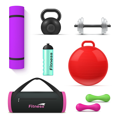 Collection realistic fitness equipment vector illustration. Set gym exercising tools for muscular cardio training body care isolated. Barbells, dumbbells, fit ball, bag, bottle, roll rug mat, weight