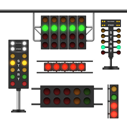 Collection realistic traffic lights for racing vector illustration. Set race street light sport car challenge sign start, pre stage, green, yellow and red stop indicator. Illuminated signal guidance