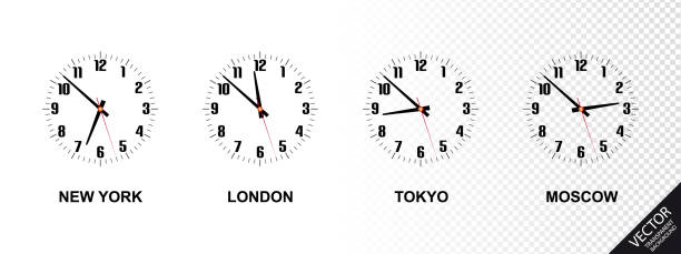 istock Different Time Zones - New York, London, Tokyo, Moscow - Vector Illustration - Isolated On Transparent Background 1386833506