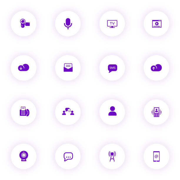 istock communication purple color vector icons on light round buttons with purple shadow. communication icon set for web, mobile apps, ui design and print 1386838067