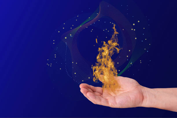 istock Bright orange flame on a palm of a man. Hot, mystical, idea, information concept. 1386838251