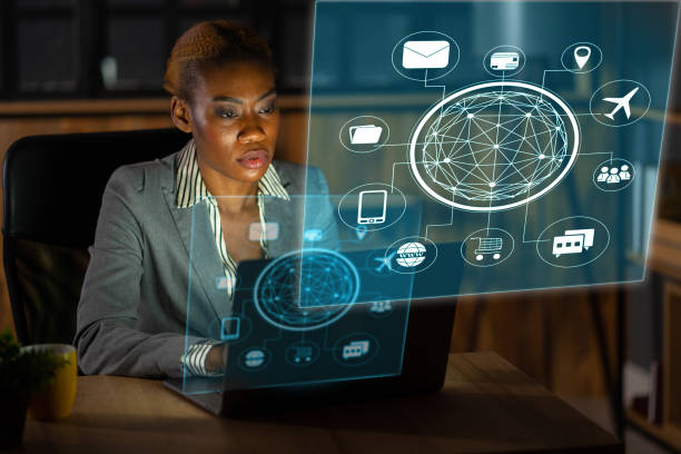 istock An african descent woman working with hologram technology 1386839450