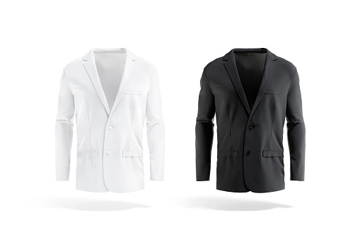 Blank black and white men blazer mockup, front view, 3d rendering. Empty formal overcoat for male wear mock up, isolated. Clear classic notch lapel jacket for groom template.
