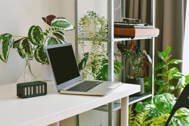 istock Home office decorate with green nature tree plants, Workspace and laptop computer on desk, Artificial houseplant for home and living room interior. 1386840573