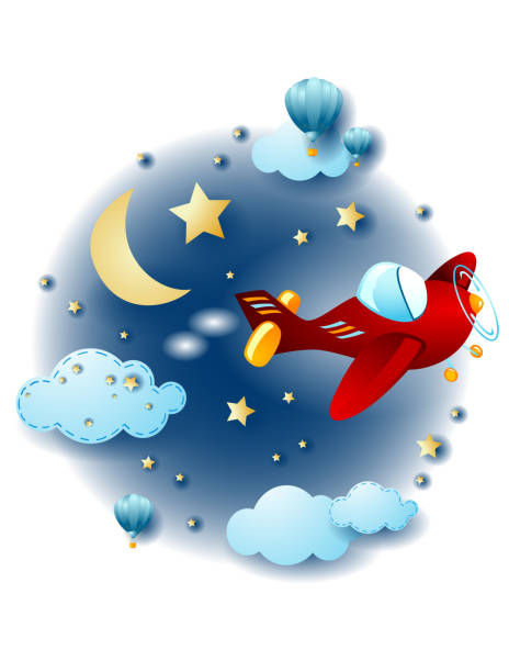 istock Night landscape with clouds and airplane, fantasy illustration. Vector eps10 1386840626